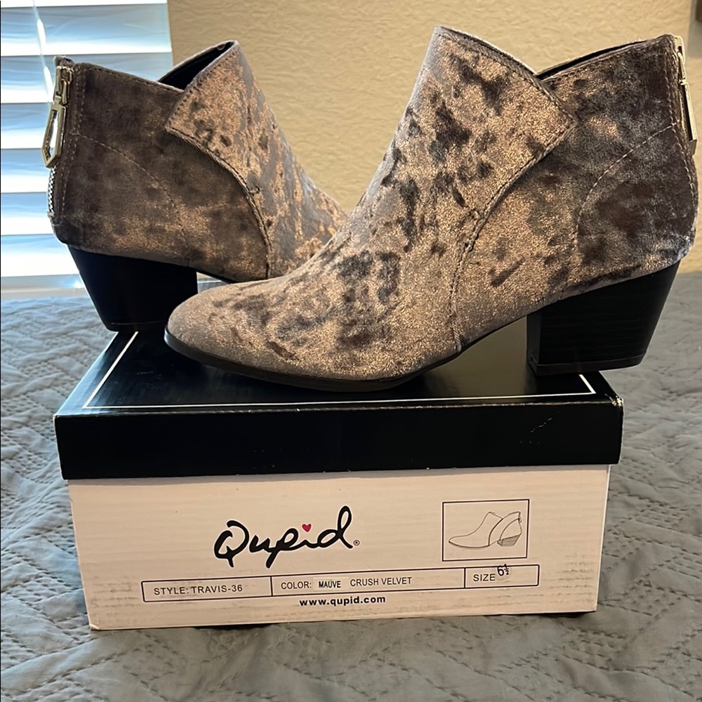 Qupid Taupe Ankle Boots with Crushed Velvet Finish